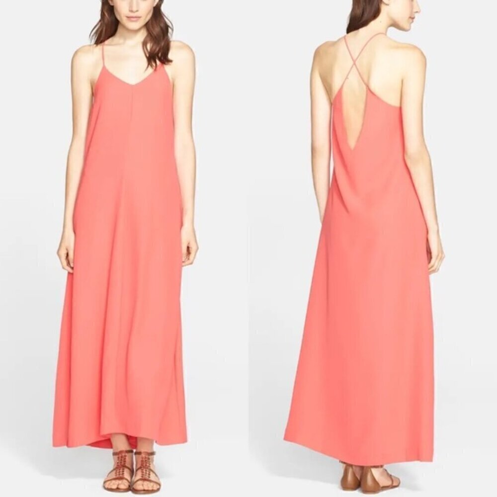 AYR The Only Coral Spaghetti Criss Cross Back Strap Slit Maxi Dress Size 2